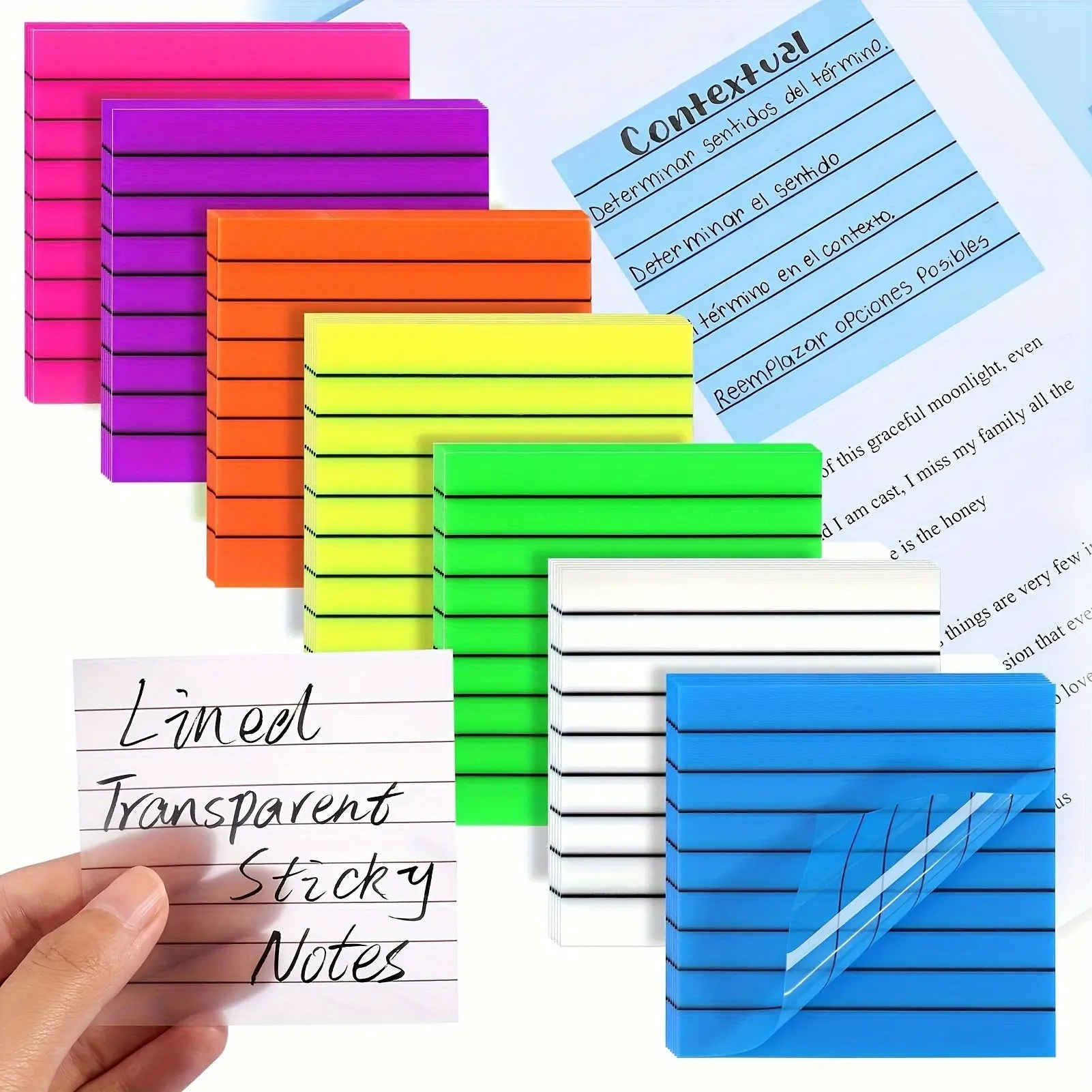 High-Transparency Adhesive PET Sticky Notes (3x3 Inches) - 7 Color-Coded Pads (350 Sheets) with Subtle Black Guidelines, Stationery Supplies, School Supplies Shopping Item for Office Organization & Clean Removal