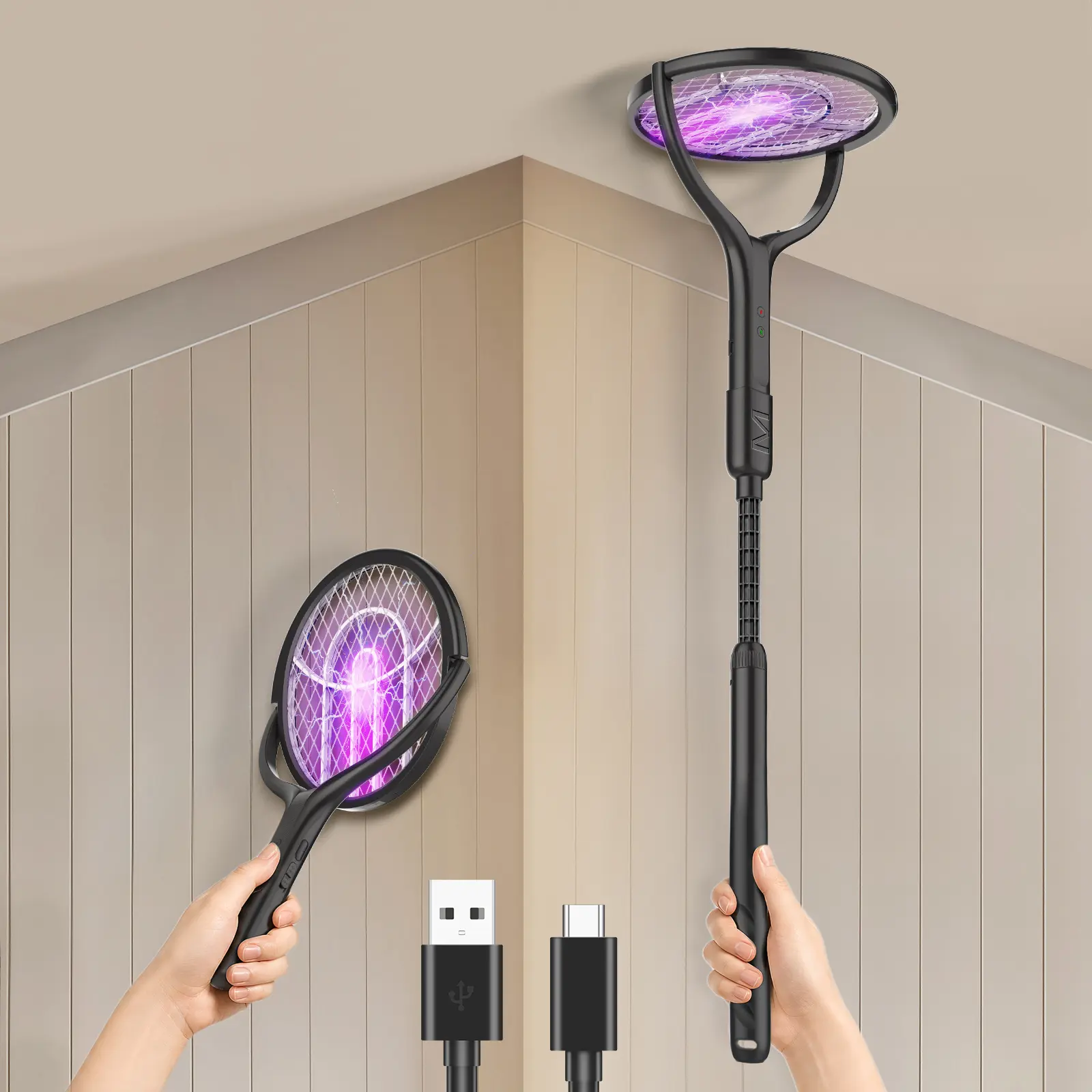4000V Electric Fly Swatter Racket with  Base and 17–27.4in Extension Rod, 1800mAh Smart Bug Zapper, Powerful Mosquitoes Trap Lamp & Fly Killer with 3-Layer Safety Mesh for Home, Bedroom, Kitchen, Patio