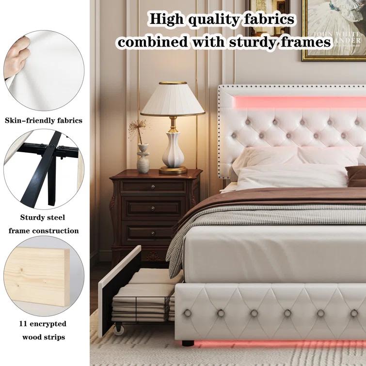 GEGOFORU Queen LED Bed Frame with Storage Drawers – Smart RGB Lights, Adjustable Upholstered Headboard, Modern Platform Bed, No Box Spring Needed | Christmas Gift