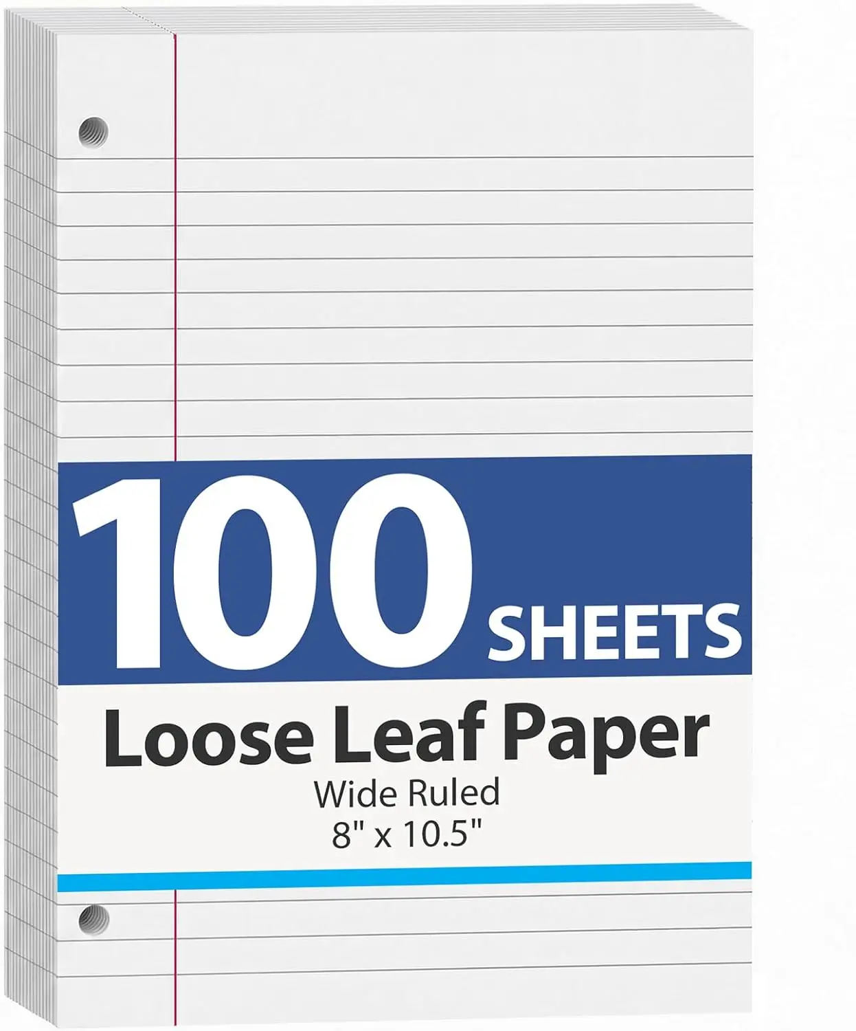 100 Sheets Loose Leaf Paper, 8 x 10-1/2 Inch, 3 Hole Punched Wide Ruled White Filler Notebook Paper for 3 Ring Binders, Ideal for School Notes, Organizing Classwork, School Supplies