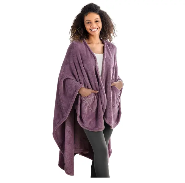 Berkshire Primalush Wearable Blanket, Cozy Loungewear Pocketed Plush Cape Wrap for Adults & Teens(Purple, One Size 58"X64")