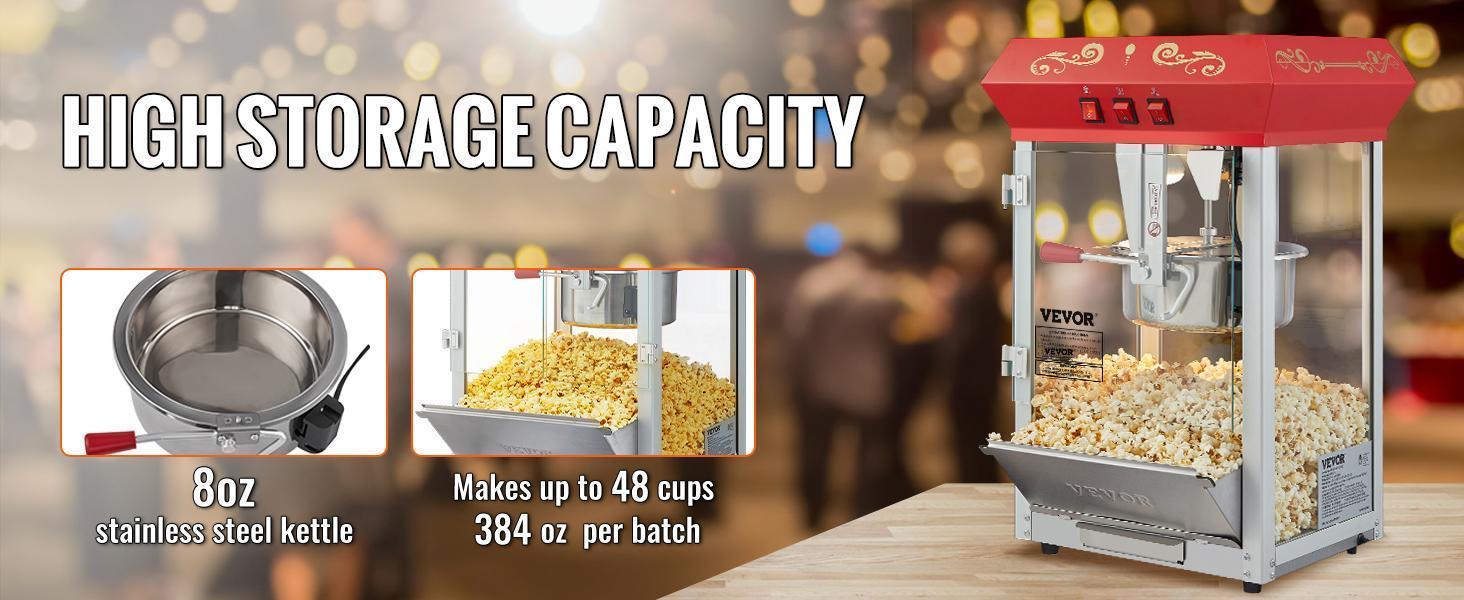 【Father's Day】VEVOR Commercial Popcorn Machine, 8 Oz Kettle, 850 W Countertop Popcorn Maker for 48 Cups per Batch, Theater Style Popper with 3-Switch Control Steel Frame Tempered Glass Doors 1 Scoop 2 Spoons, Red