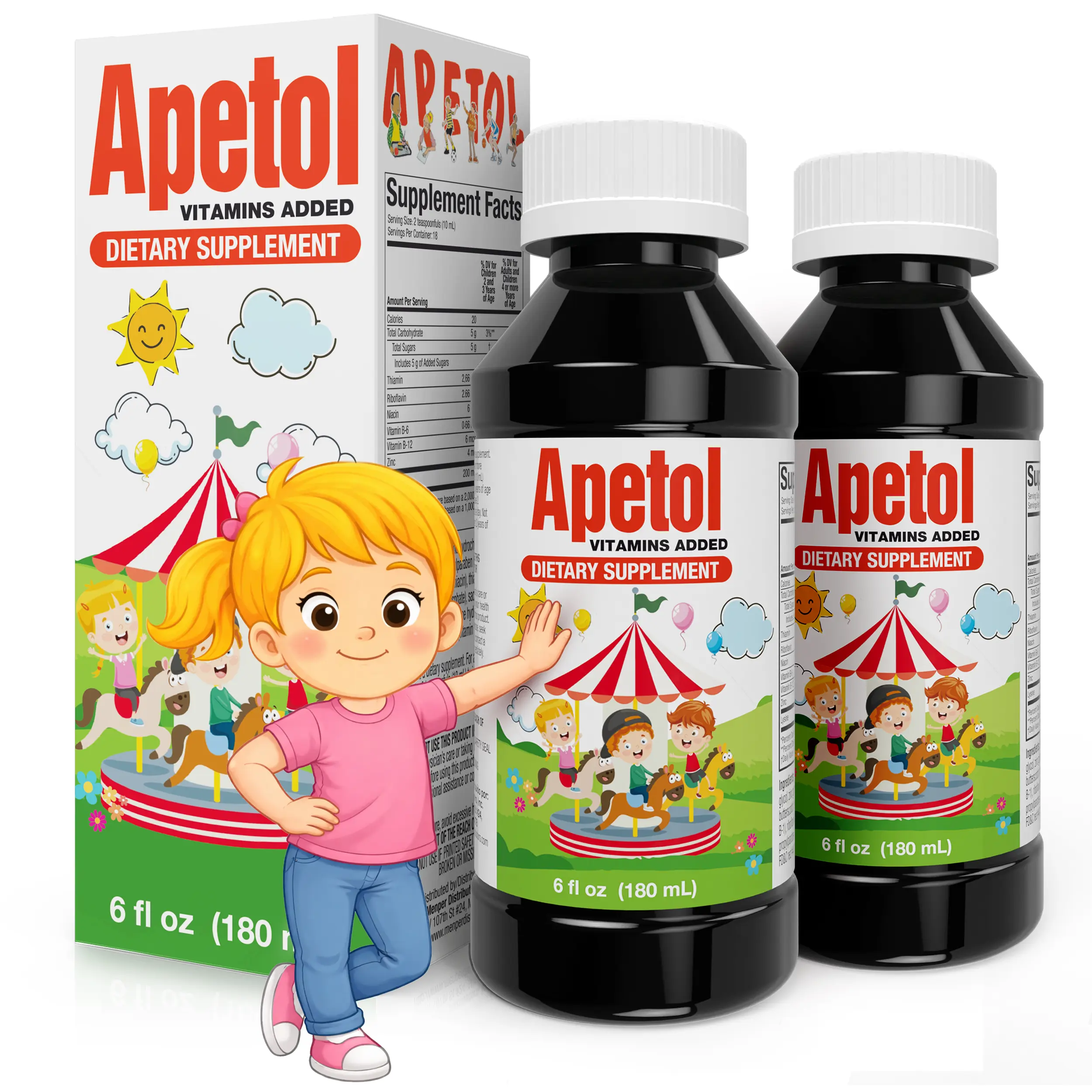 APETOL Edible Zinc-Infused Vitamin Liquid Dietary Supplement - US Backed, 2 Bottles (6 Fl Oz Each) B-Complex with Cyanocobalamin, Brain Supporting Supplement, Gut Health Aid for Children