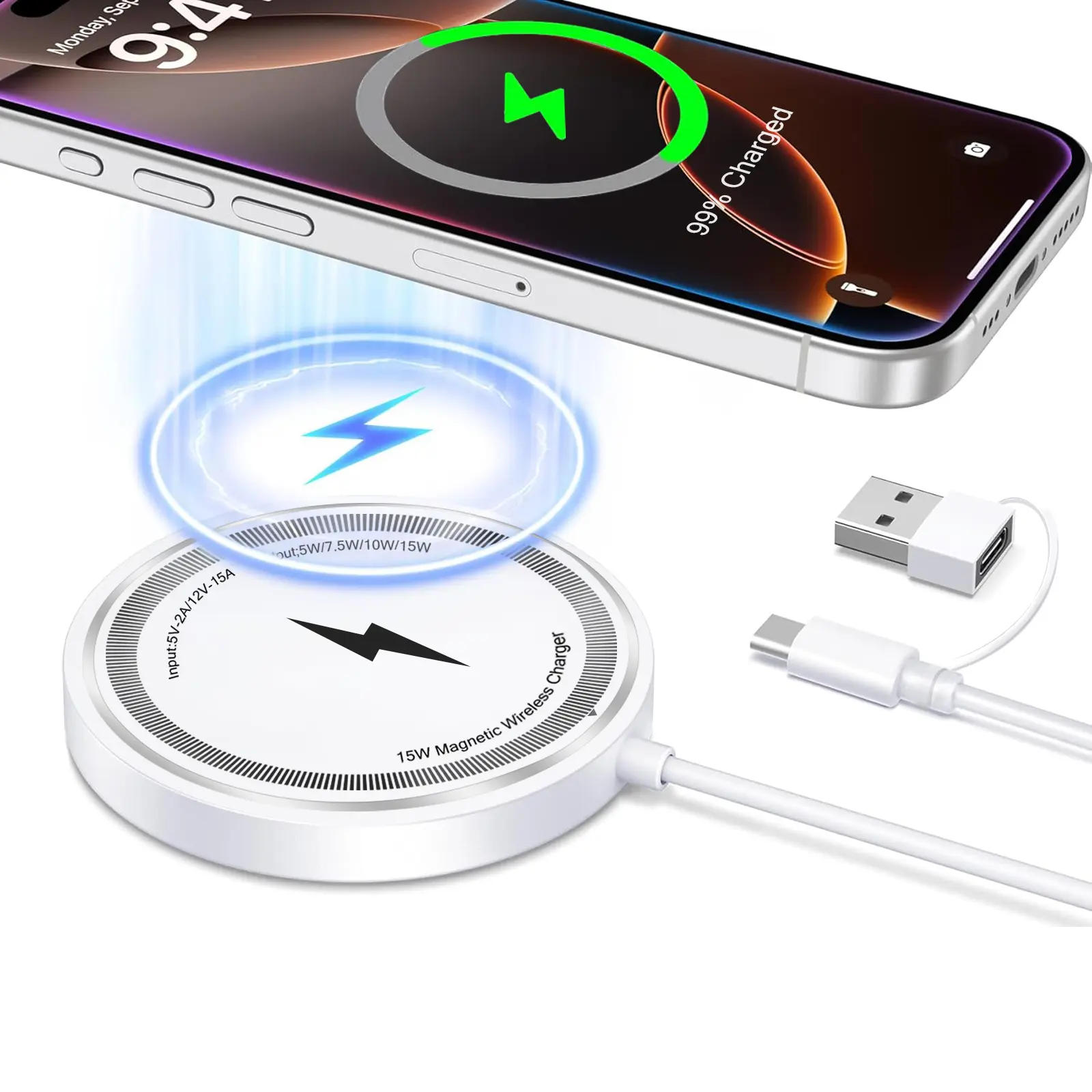 2-in-1 Magnetic Wireless Charger, USB A+Type C Interface Fast Charging for iPhone 17/16/15/Pro Max, Samsung S25/S24/Ultra and other Smartphone, Charging Pad Dock for Travel/Home/Office, Magnetic Phone Charger, Dual Ports