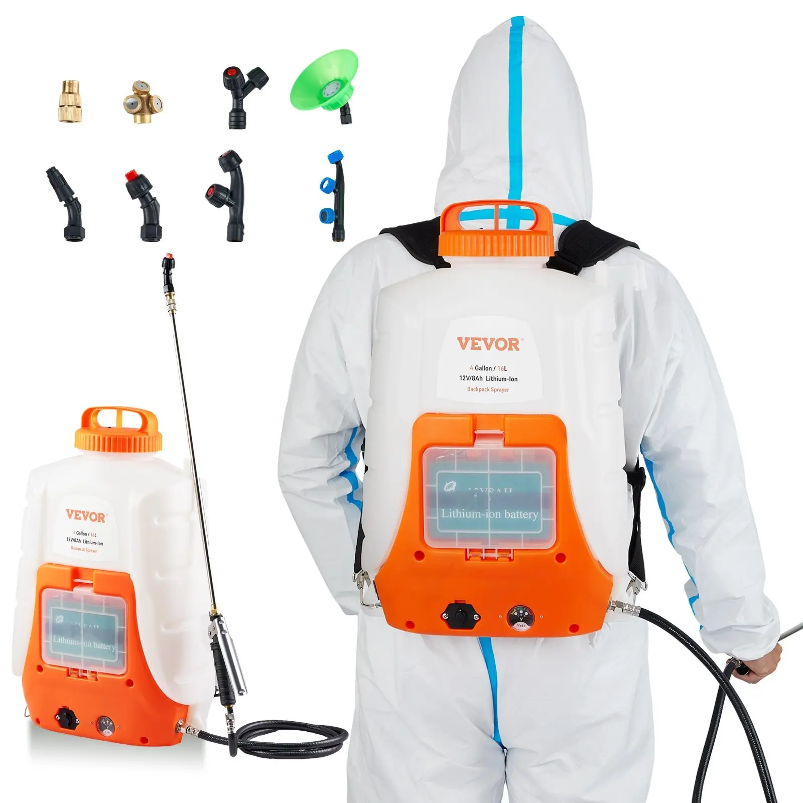 【Summerfinds】VEVOR Battery Powered Portable Backpack Sprayer0-90 PSI Adjustable Pressure4 Gallon TankBack Pack Sprayer with 8 Nozzles and 2 Wands12V 8Ah BatteryWide Mouth Lid for WeedingSprayingCleaning
