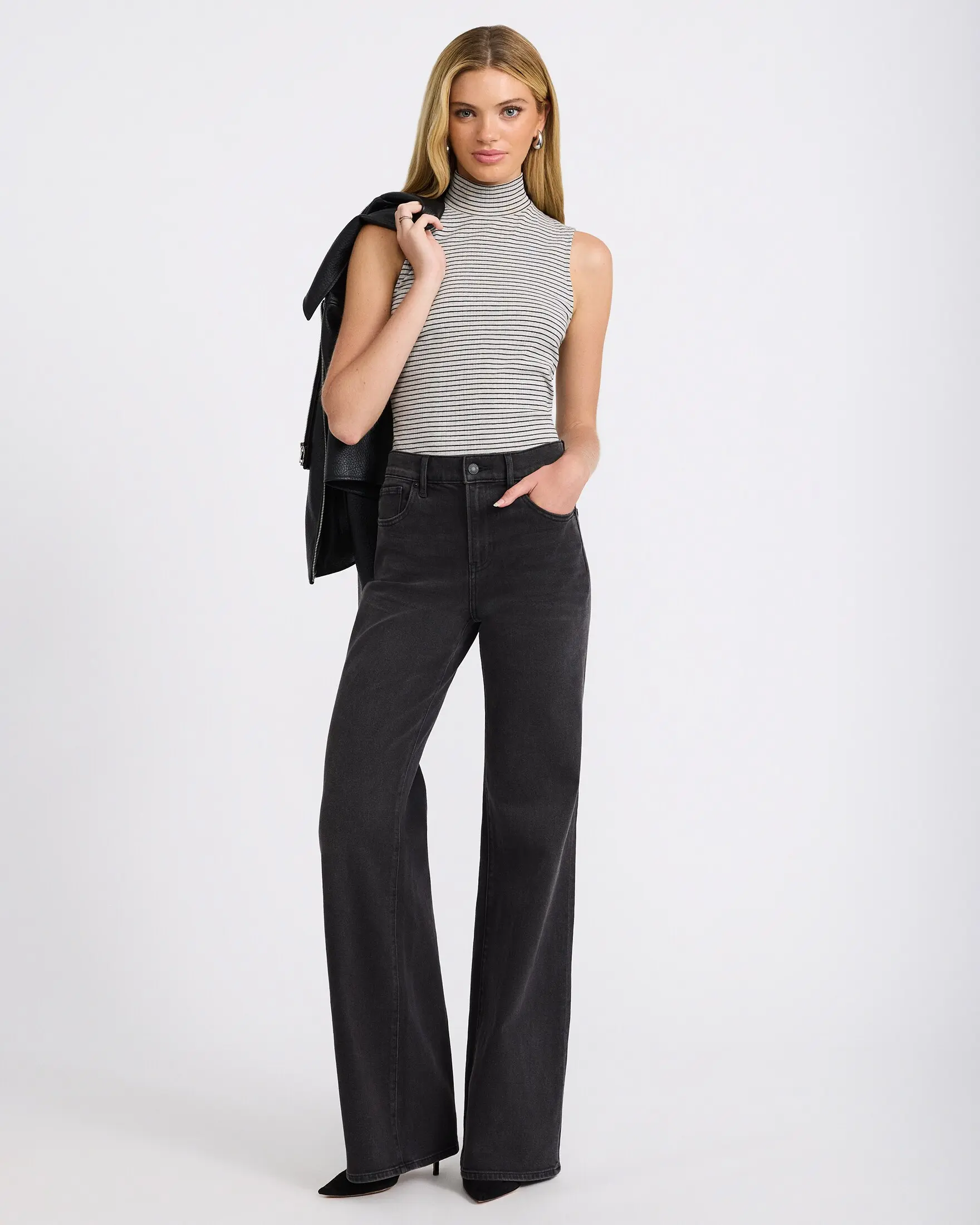 Express High Waisted Relaxed Flare Black Wash Jeans