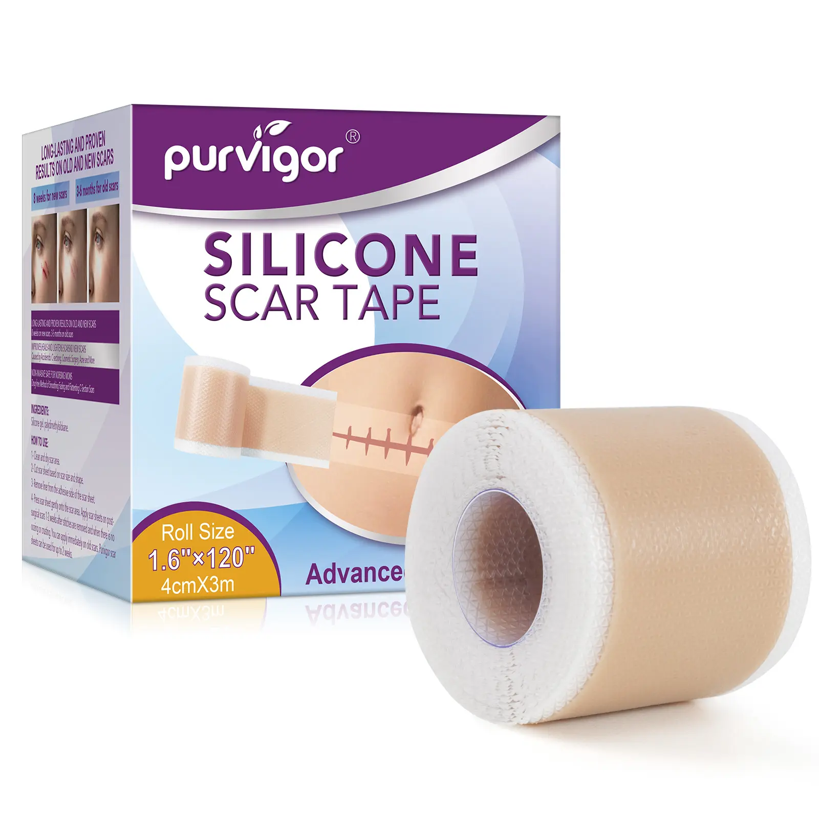 PURVIGOR Large Scar Roll, moisturizes the skin, oxidizes scar tissue, repairs damaged skin, makes you more confident, scar patch, skin care tool, makes skin smooth.