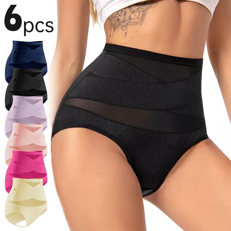 6Pcs/set Women Mesh Cross Waist Mid-Rise Panties Four Seasons Daily Underwear Tummy Control Hip Lift Shaping Comfortable Breathable Skin-friendly Autumn And Winter Women Slimming Basic Christmas Clothing lenceria  invisible High Stretch Seamless Fabric