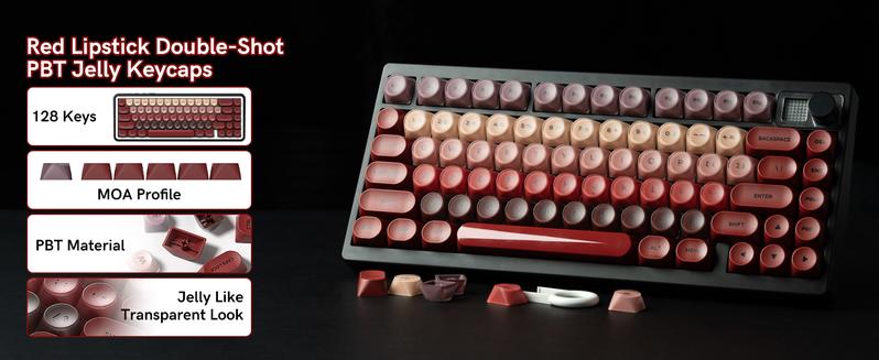 Womier PBT Keycaps, Red Jelly Keycap Berry Kiss Theme MOA Profile, 128 Keys Elegant Cute Custom Key caps for 61/68/84/87/98/100 Cherry Gateron MX Mechanical Keyboards
