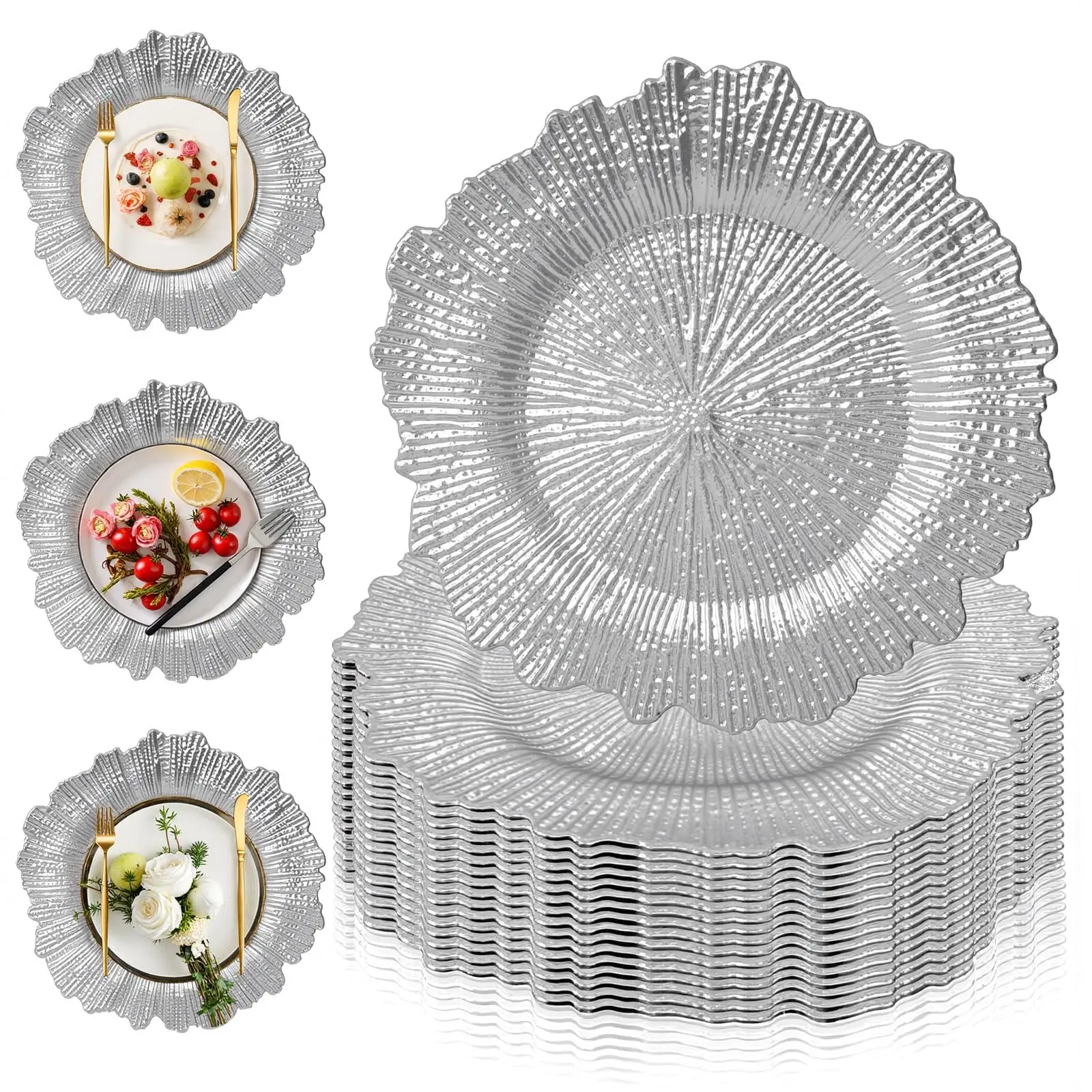 6/12/50/100 PCS Silver Charger Plates Bulk, 13" Silver Reef Charger Plates for Wedding, Thanksgiving, Christmas, Plastic Chargers for Dinner Plates