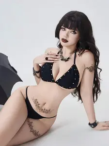 2026 Spring/Summer New Women's Solid Color Black Rivet Dividing Decoration Strappy Bikini Two-Piece Set Gothic Rock Sexy Y2K Hot Girl Versatile Retro Style Beachwear Beach Date Outfit Valentine's Day Outfit Pool Party Beach Party Outfit Music Festi