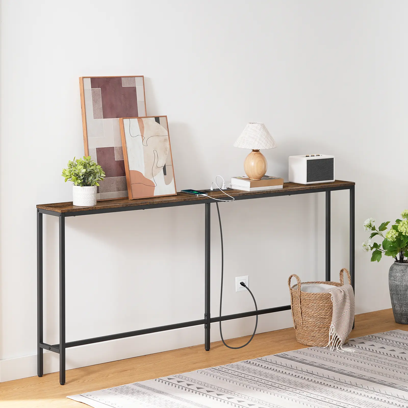 MAHANCRIS 78.7" Rustic Brown Console Table with Power Outlet - Entryway Table, Living Room Furniture, Apartment Furniture, Renter Friendly, DIY-Friendly for Hallway/Foyer, Do It Yourself
