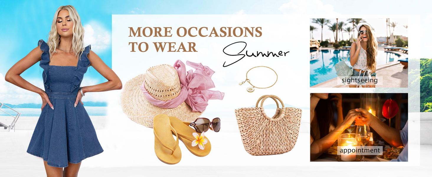 utcoco Denim Dress for Women Ruffle Adjustable Strap Sleeveless Backless Babydoll Mini Jean Dresses SpringStatements