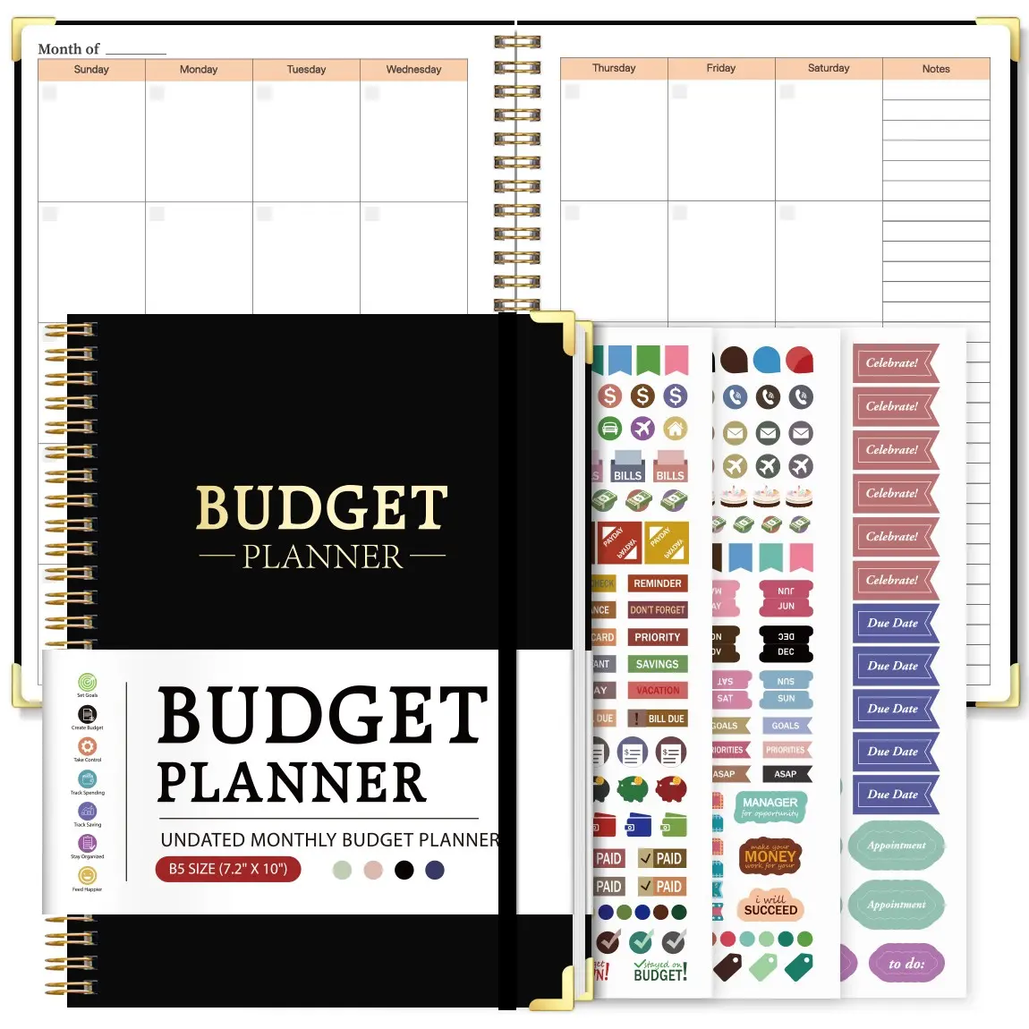 Spiral Bound Budget Planner Notebook, No Date Financial Management Ledger, Monthly Budget Savings Debt Tracker, Includes Expense Stickers, Monthly Bill Organizer, Budget Planner And Monthly Bill Organizer