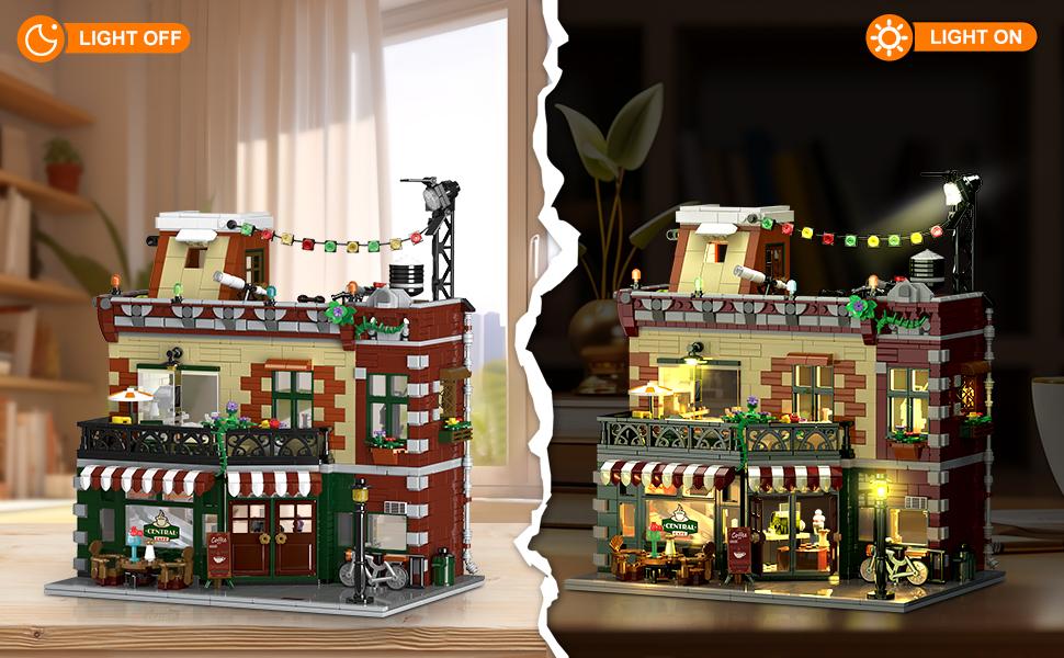 Coffee House Building Set with LED Light, 1589 PCS City Cafe Shop Building Block Toy with Stage Street Lights, Architecture Construction Model for Adults Teens Kids Ages 10 11 12+ Boys Girls Wooden Diy Kit