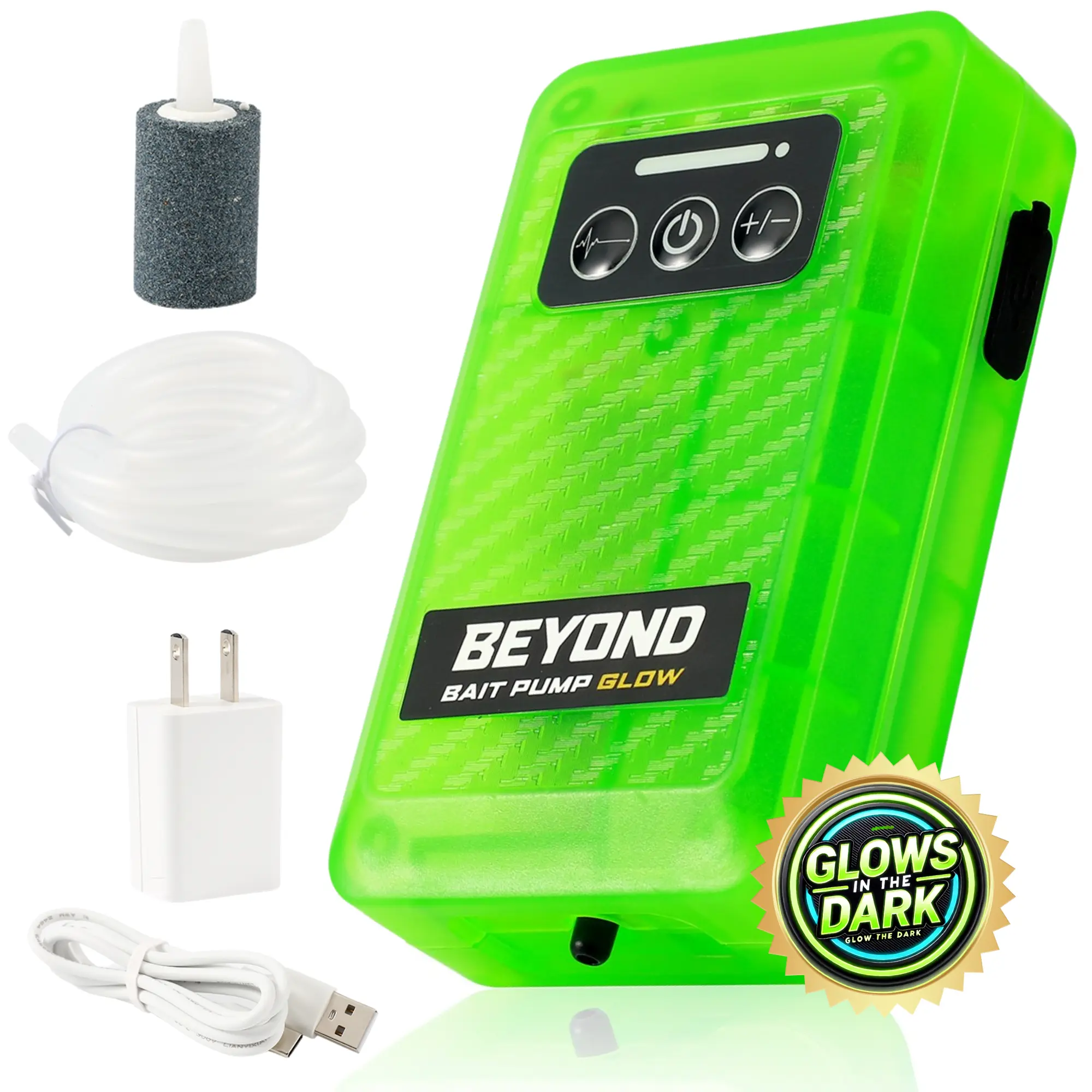 Beyond Bait Pump Rechargeable Aerator - Portable Glow in The Dark Bubbler  4 Speed Portable Live Bait Aerator with XL Air Stone  Water-Resistant, Keeps Your Bait Alive Longer