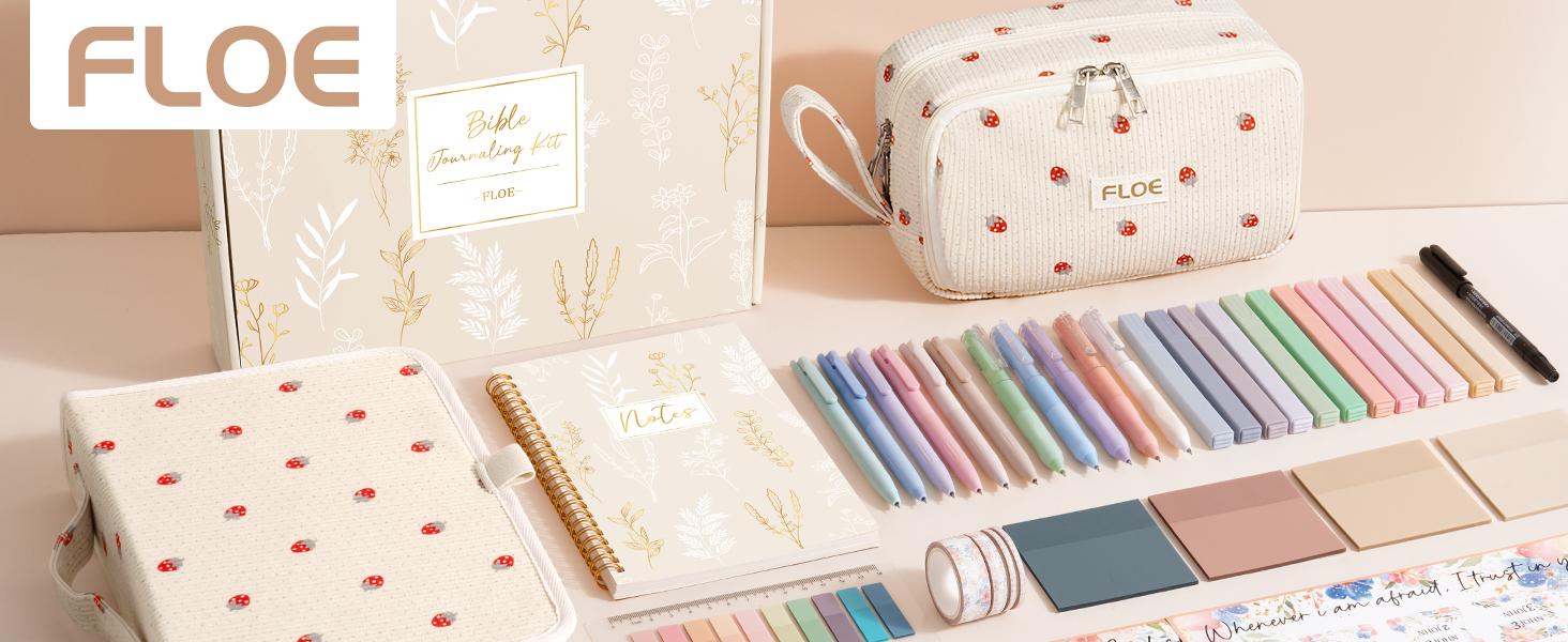 FLOE Bible Study Supplies Journaling Kit for Women with Bible Cover Case,  Easter Christmas Christian Gifts for Women, Bible Study Tools Accessories Set with Highlighters Pens, Pencil Case Notebook Annotation Kit