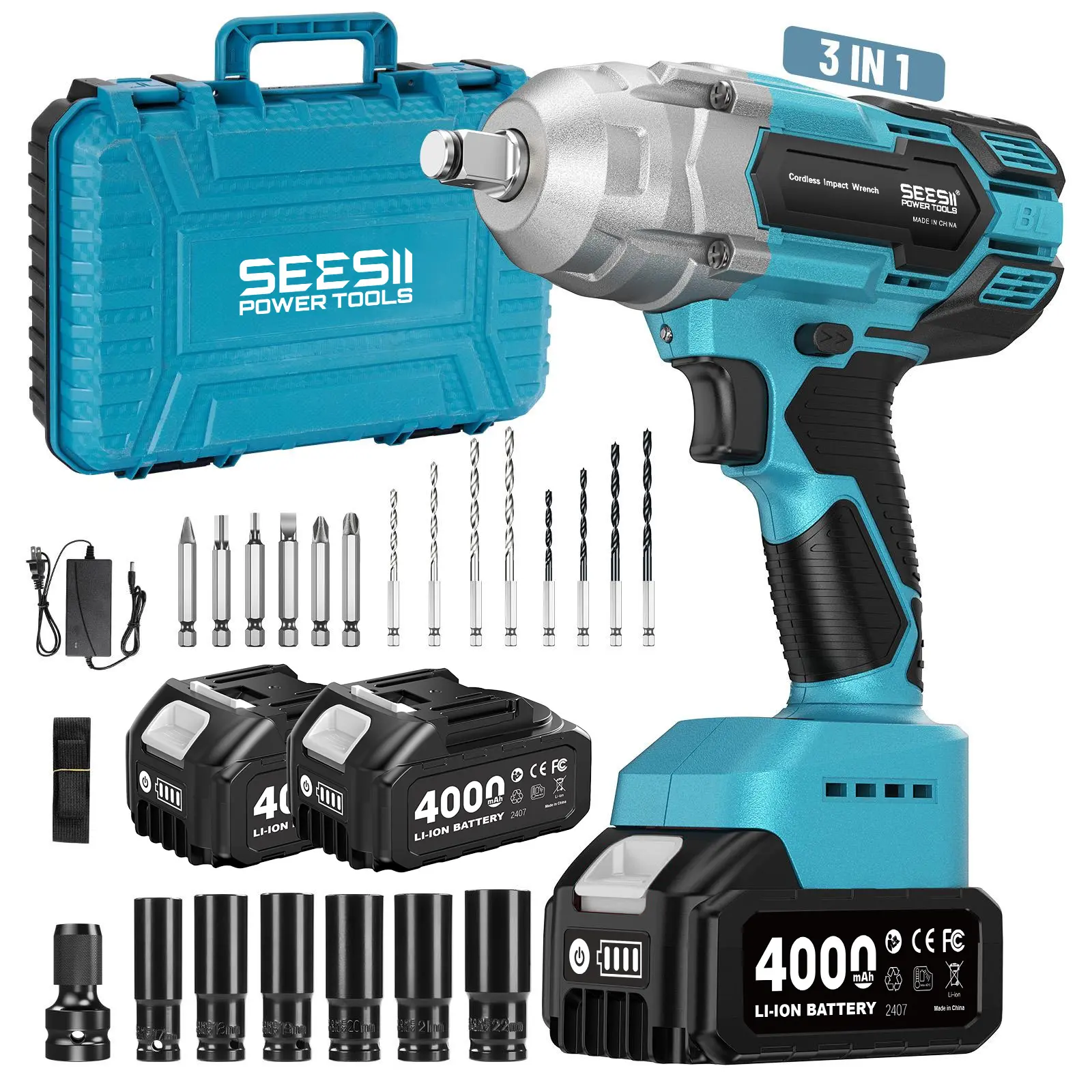 SEESII 3‑in‑1 1/2" Cordless Impact Wrench｜1000N.m Brushless Impact Driver 3300RPM, 2×4.0Ah Batteries, 6 Sockets, Drill & Screwdriver Bits, Heavy‑Duty for Car Tire Repair, WH6 Lite
