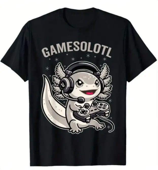 Gamer Axolotl Lover Unisex Summer Oversize Cotton Tee Cute Headset Controller Axolotl Gamesolotl Pun Cartoon Print For E-sport Fan Casual Daily Outfits Soft Breathable Heat Transfer Loose Fit