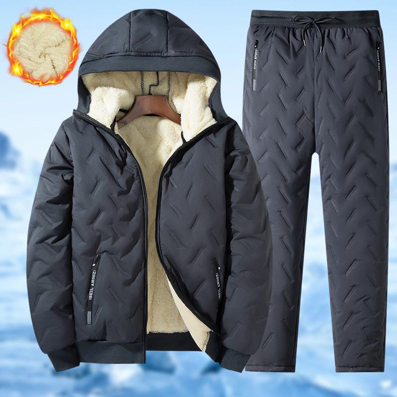 Men's Autumn Winter Fleece Cotton Jacket Hooded Coat With Hoodie Men Straight Pants - Soft Polyester Lining Suitable For Running Workouts Gym And Outdoor Activities