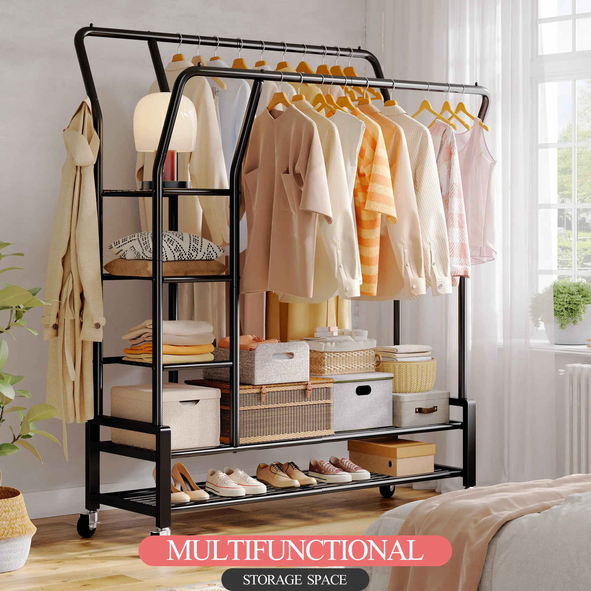 Raybee Clothing Rack with Shelves &Double Hanging Rods, Portable Clothes Rack with Wheels Rolling Garment Rack,  HangingClothing racks Holds Up to 245LBS, Metal Closet Rack, Clothes Organizer Solutions 43.3"Wx22"Dx70.3"H