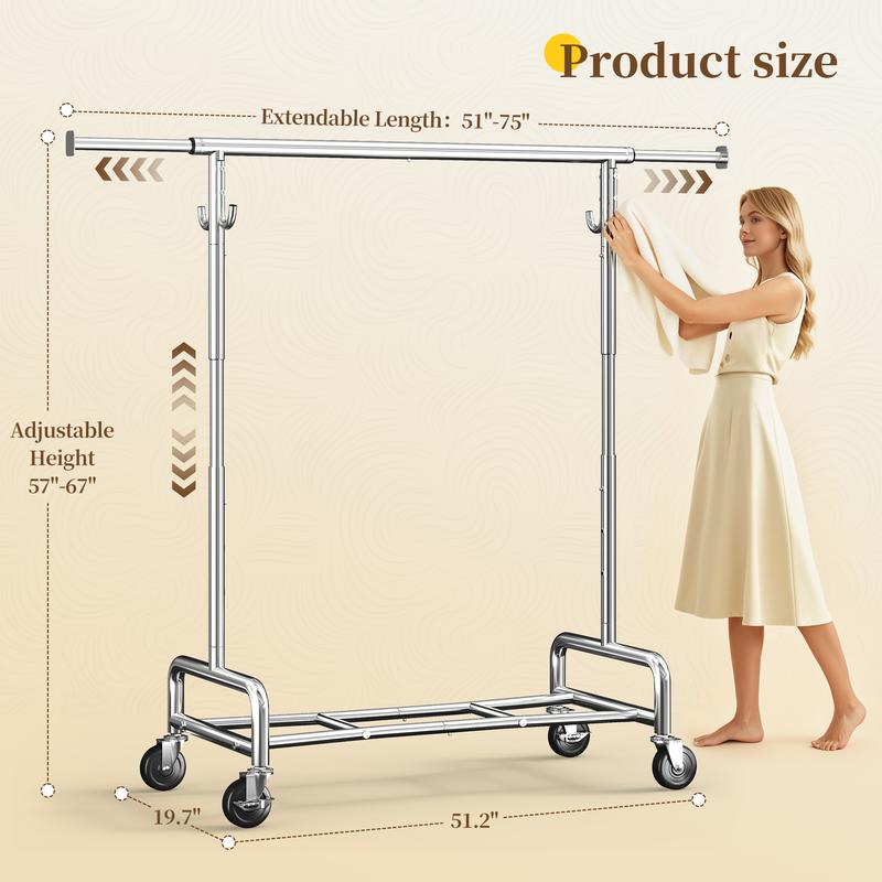 Raybee Heavy Duty Clothes Rack Load 450 LBS, Clothing Racks for Hanging Clothes Rolling Garment Rack with Wheels & Shelf,Portable & Adjustable Coat Rack ,Chrome, Golden