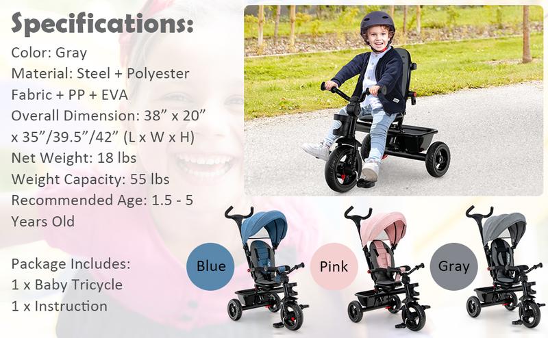 Costzon Tricycle, Toddler Bike W/Removable Push Handle, Reversible Seat, EVA Wheel, Adjustable Canopy, Cup Holder & Storage,Christmas Festival Gift Black Friday Cyber Monday