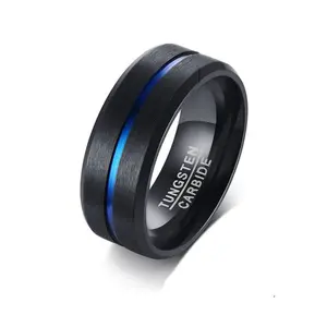 Black + Blue Classic Minimalist 8mm Stacking Band Ring in Tungsten Steel