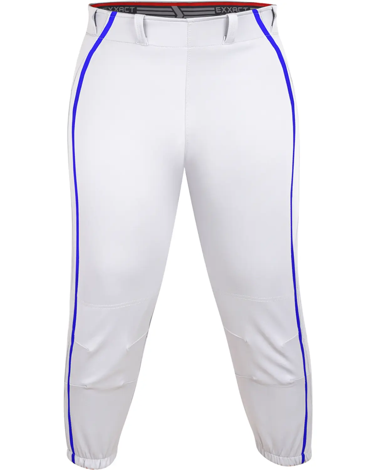 Exxact Sports Womens Softball Pants Knicker/Yoga Style Knee Length, 4-Way Stretch Low Rise Softball Pants for Women - (White/Royal Blue Braid), Sporty Sports Bottoms
