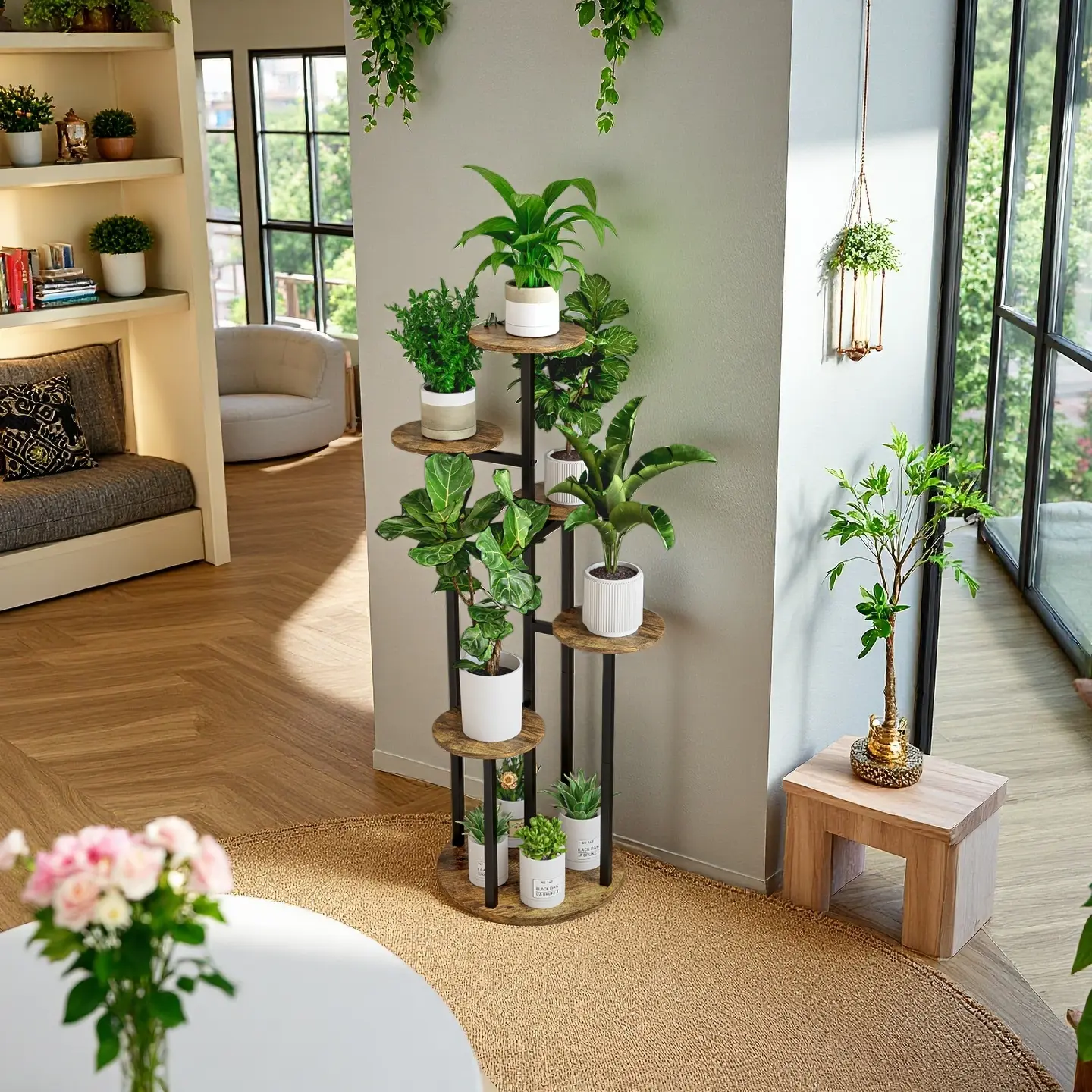 SUOERNUO 4/5/6 Tier Wood Plant Stand Indoor, 6-9 Potted Flower Pot Holder, Round Stackable Planter for Patio Garden Balcony Living Room, Space-Saving Design