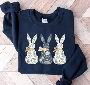 Floral blue bunny sweatshirt with a cute Easter bow, trendy coquette crewneck sweater for women, soft, stylish spring bunny top and a perfect Easter gift for her.