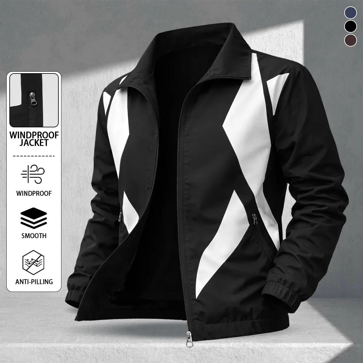 Men’s twill color-block stand-collar jacket, lightweight wear-resistant fabric, zippered pockets, street-style functional design, suitable for everyday outings and commuting, trendy individualistic style Menswear Coats