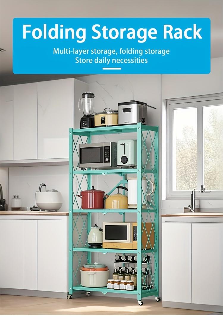 3/4/5-Tier Portable Multifunctional Storage Rack, Floor-Standing Storage Rack with Lockable Wheels, Space-Saving, No Assembly, Foldable Storage Shelf with Durable Carbon Steel Frame for Bedroom, Balcony, Garden, Standing Shelf