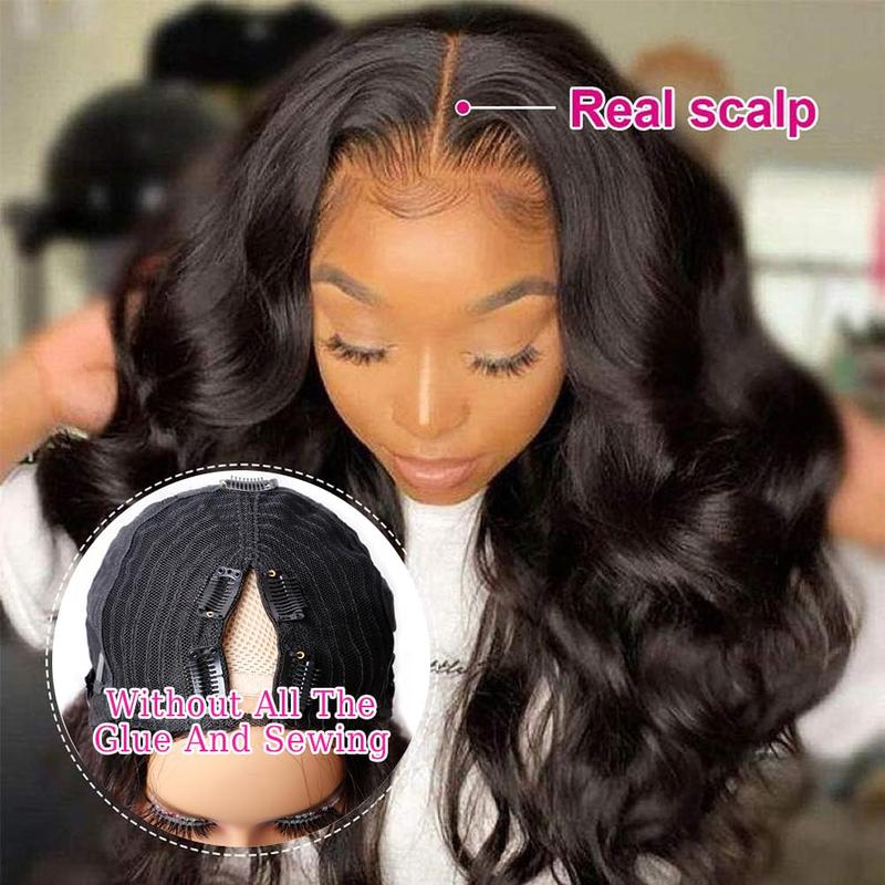 【Updated with Drawstring】Mamushow V Part Wigs With Invisible Strap Drawstring 100% Human Virgin Hair Body Wave Glueless Wig 180% Density Curly Wigs Natural Black