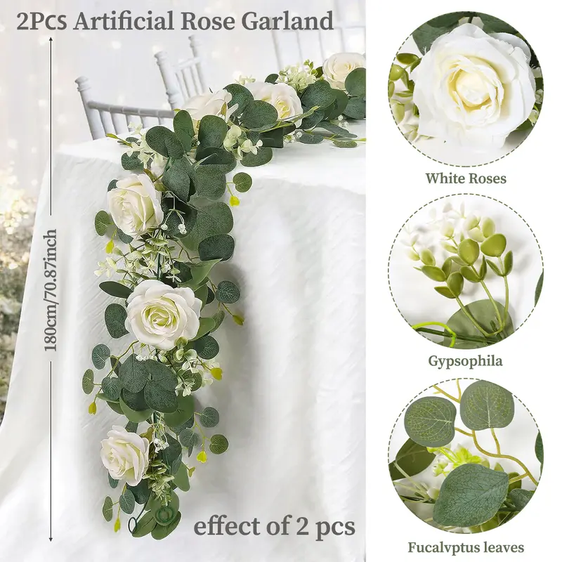 2pcs Artificial Rose Flower Vine, Faux Floral Garland for Romantic Wedding and Home Decor, Dining Table Centerpiece, Artificial Flower Arrangements