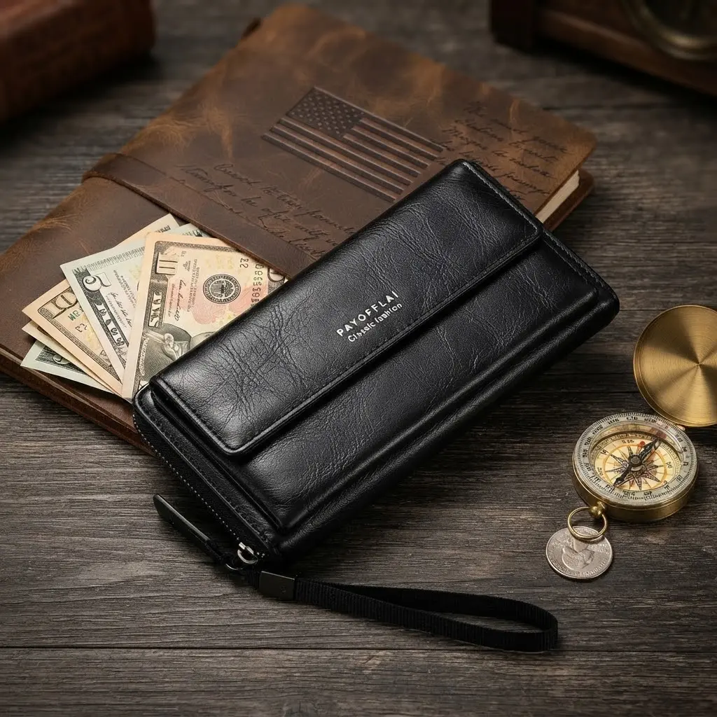 GOODBEE Men's PU Leather Long Wallet, Large Capacity Clutch with Phone Pocket, Multiple Card Slots & Zipper Coin Pocket