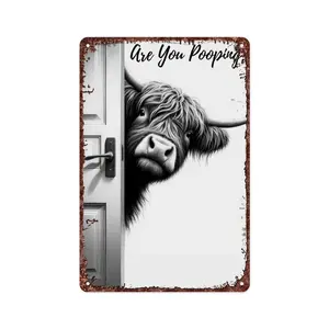 8x12 Inch Vintage Highland Cow Metal Aluminum Signs, Funny Bathroom Wall Art with "Are You Pooping?" Quote, Unique Western Farmhouse Decor for Cow Loverss