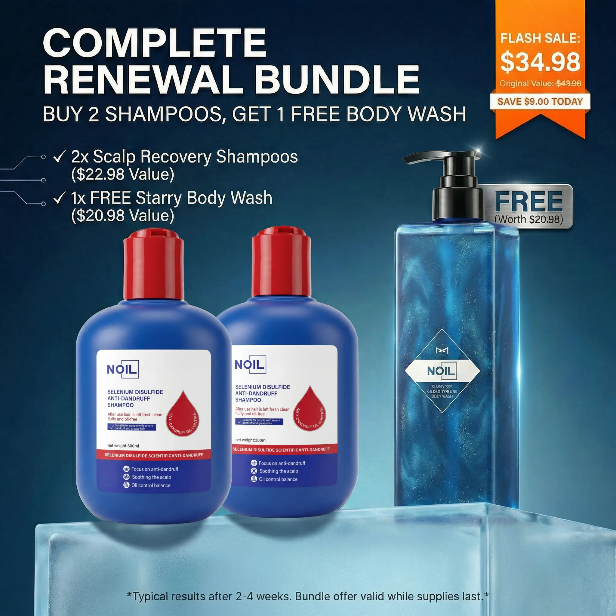 NOIL 3pc Shower Set: 2x Anti-Dandruff Shampoo & 1x Dual-Acid Acne Body Wash | Salicylic Acid for Back Acne, Clogged Pores & Itch Relief | Complete Hair & Body Care Kit for Dandruff Control & Clear Skin