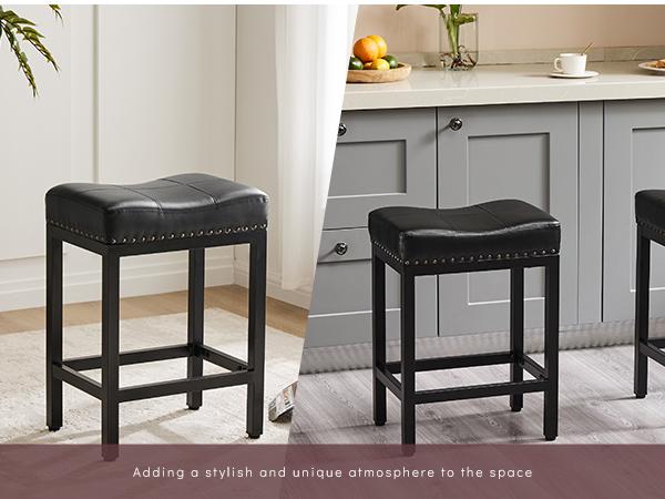 Saddle Bar Stools Set of 2 Counter Height 24-Inch Modern PU Leather Barstools with Metal Base, Footrest, Upholstered Bar Chairs for Kitchen Island