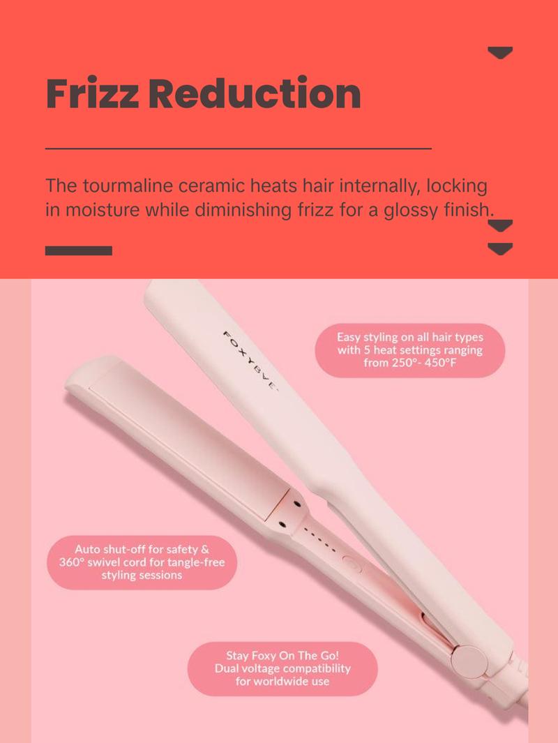 FoxyBae Sleek & Slay 1.75" Wide Plate Ceramic Flat Iron – Professional Hair Straightener – Frizz Control, Fast Heating, Dual Voltage – Blush