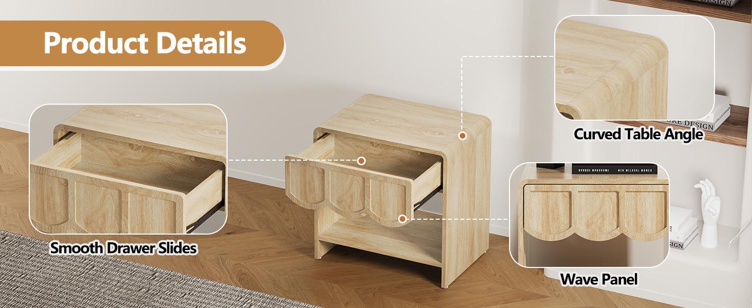 Giratree Small Night Stand, Mid Century Modern Farmhouse Wood Nightstand with Wave Panel Drawer, Bed Side End Table for Small Space, Living Room