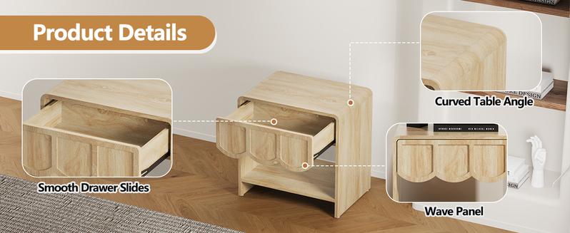 Giratree Small Night Stand, Mid Century Modern Farmhouse Wood Nightstand with Wave Panel Drawer, Bed Side End Table for Small Space, Living Room