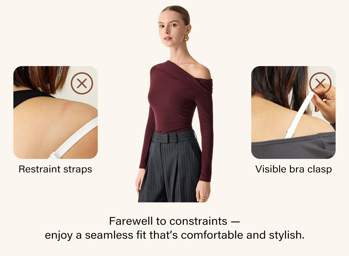 OGL Multi-wear Versatile Asymmetrical Neck Long Sleeve Brami Top with Removable Bra Pads Slim Fit Women's Blouse for Everyday Wear & Holiday Party valentine's day outfit SpringStatements