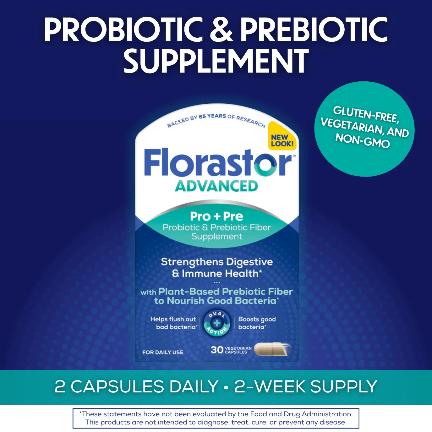 Florastor Advanced Pro+Pre Daily Probiotic and Prebiotic Supplement for Women and Men, Boosts Good Bacteria, Saccharomyces Boulardii CNCM I-745