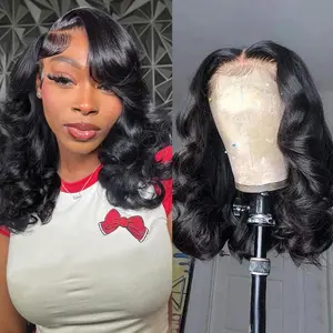 Glueless Bob Wigs Human Hair Pre plucked Pre Cut Natural Black Loose Body Wave short Wig 13x4 Lace Pre-Bleached Knots HD Lace Front Wigs Human Hair for Black Women -16inch