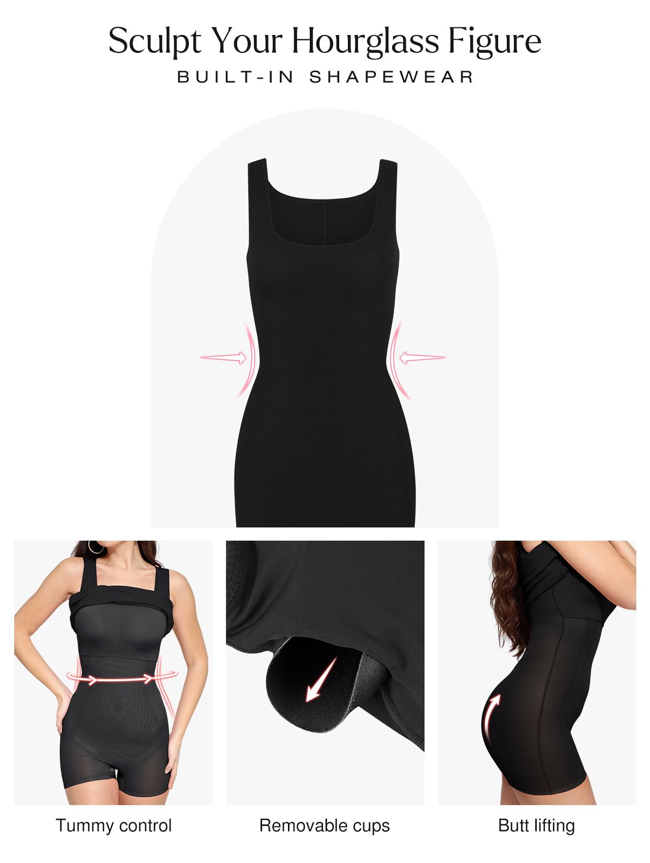 Popilush 8-in-1 Shapewear Square Neck Mini Dress Wide Straps Built-In Bra Thigh Slit Tummy Control Going Out Breathable Body Shaper Womenswear