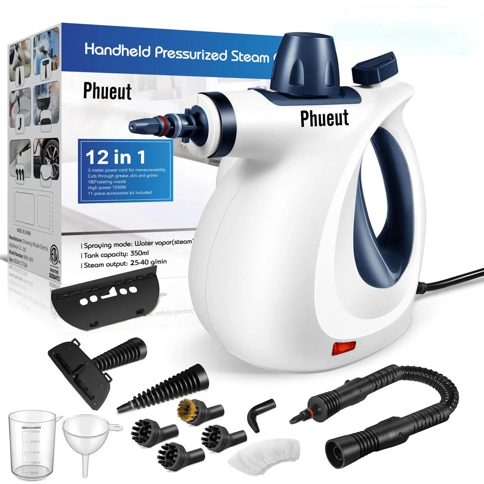 Phueut Corded Handheld Pressurized Steam Cleaner with 11-Piece Accessory Set, US Plug, Manufacturer Warranty, All-Natural Multi-Surface Home Cleaning Tool for Upholstery, Car Cleaning, Mopping, Manufacturer Warrenty,back to school,back to school haul