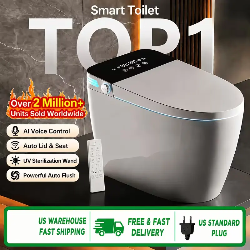 High-end, fully featured smart toilet equipped with bidet and feminine wash functions, radar-sensing lid opening, automatic flush upon standing, LED digital display and ambient lighting, built-in water tank, and powerful yet quiet flushing. warm
