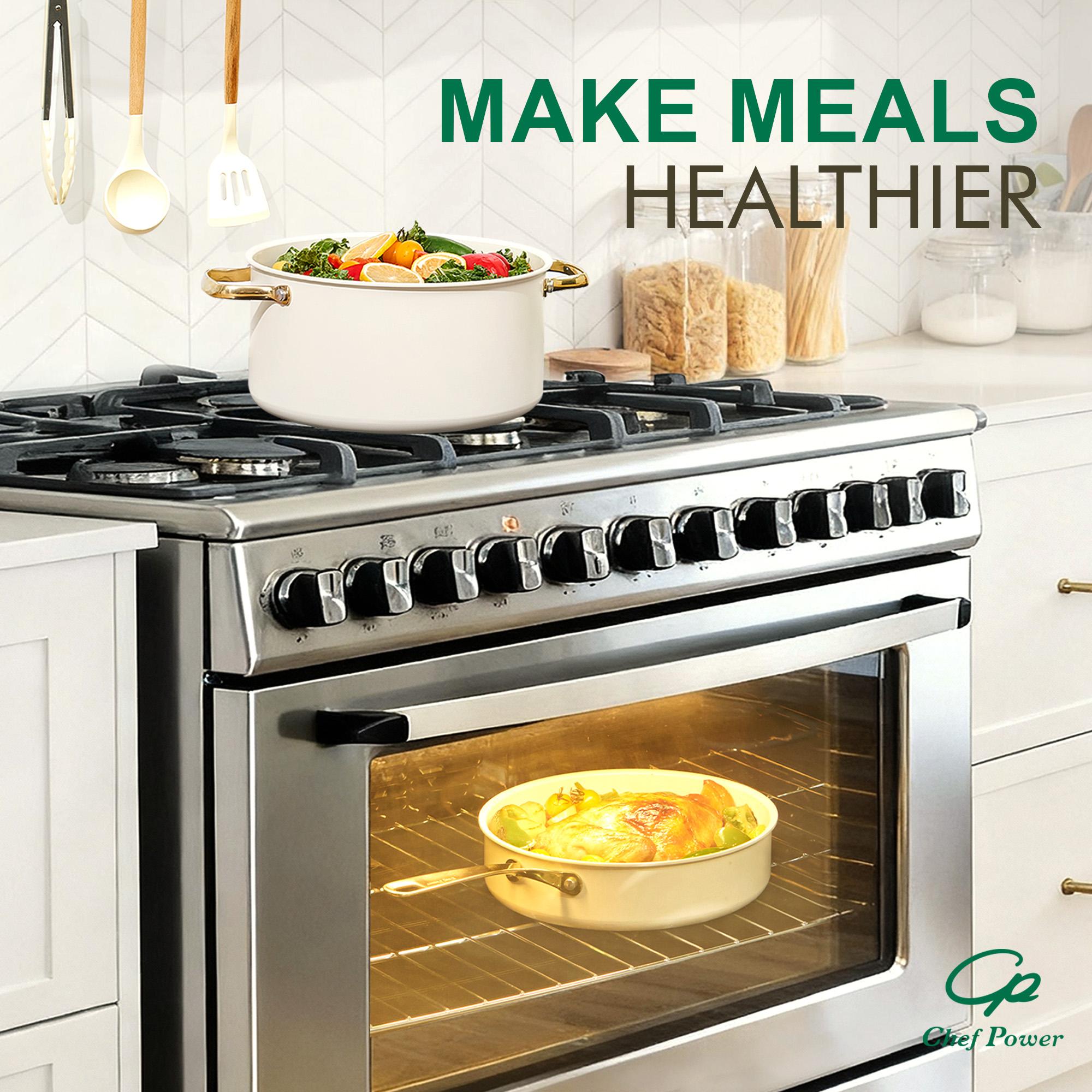 Chef Power 10-Piece Ceramic Non-Stick Cookware Set with Stainless Steel Handles Dishwasher & Oven Safe Cream White & Gold Accents Induction Gas Electric Safe