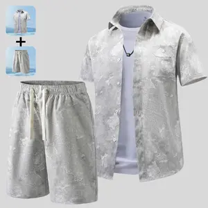 Men’s Summer Textured Short-Sleeve Shirt and Shorts Two-Piece Set, Casual Summer Outfit